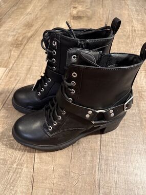 Women’s Black Lace-Up Harness Ankle Boots Moto Combat size 11